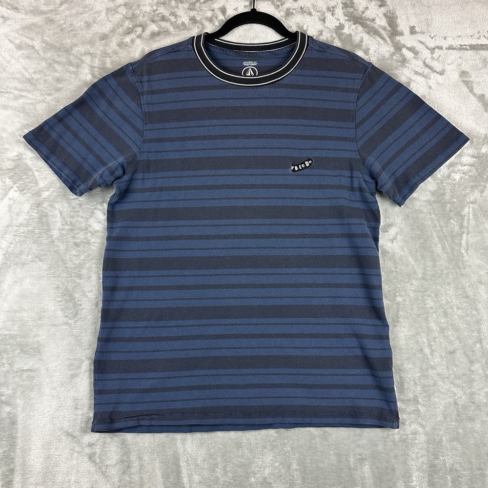 Volcom T-Shirt Men's M (Boys XXL) Blue Black Stripe 100% Cotton